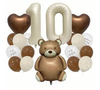 10th Birthday Decorations, 10 Balloon, Bear Balloon, Complete Birthday Decoration Set with 32inch Cream Number 10 Foil, Brown Bear and Heart Shape balloons for 10th Party Decor