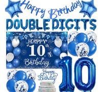 10th Birthday Decorations Balloons Banner - 31 Pcs Blue Double Digits Numble 10th Letter Star Foil Balloon Background Cloth Cake Topper Confetti Balloons For Boys Girls 10th Birthday Party Supplies