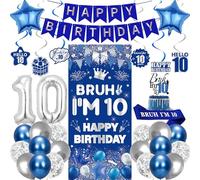 10th Birthday Decorations Balloons Banner - 32 Pcs Blue Silver Double Digits Bruh I'm 10 Banner Number 10 Foil Balloon Hanging Swirls Cake Topper Sash for Boys Girls Happy Ten Years Old Bday Decor