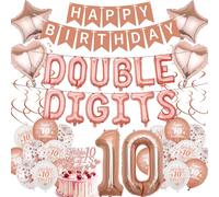 10th Birthday Decorations Balloons Banner - 53 Pcs Rose Gold Double Digits Number Balloon Banners Star Heart Hanging Swirls Cake Topper Decoration Supplies For 10 Years Old Girls Birthday Party