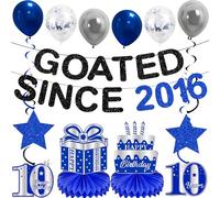 10th Birthday Decorations Balloons Boys - 12 Pcs Double Digits Decor Goated Since 2016 Banner Number Stars Hanging Swirls Blue Table Honeycomb Centerpieces Party Supplies for Cheer Ten Years Old Bday