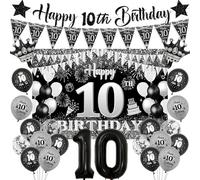 10th Birthday Decorations Balloons Boys - 25 Pcs Black Silver Banner Triangle Pennant Backdrop Crown Number 10 Foil Balloons for Boy 10 Year Old Double Digits Birthday Party Decor Supplies