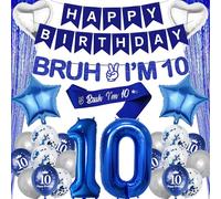 10th Birthday Decorations Balloons Boys - 28 Pcs Blue Silver Happy Birthday Banner Decorations with Bruh I'M 10 Banners Curtain Backdrop Number Foil Balloons for Age 10 Boy Party Decoration Supplies