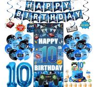 10th Birthday Decorations Balloons Boys - 32 Pcs Blue Video Game Party Set with Happy Birthday Banner Backdrop Hanging Swirls Foil Balloons Cake Topper for Boy 10 Years Old Party Decor Supplies
