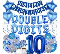 10th Birthday Decorations Balloons Boys - 53 Pcs Blue Banner Double Digits Number 10 Balloon Star Heart Hanging Swirls Cake Toppers Decoration Supplies For 10 Years Old Boy Child Birthday Party