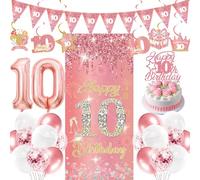 10th Birthday Decorations Balloons Girls - 29 Pcs Rose Gold Triangle Banner Hanging Swirls Backdrop Glitter Cake Topper Number 10 Foil Balloon for Girl 10 Years Old Happy Birthday Party Supplies