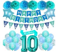 10th Birthday Decorations Balloons Girls - 33 Pcs Teal Double Digits Happy Birthday Banner Decorations Number 10 Balloon Pom Poms Pennant Star Foil Balloons for Age 10 Girl Party Decoration Supplies