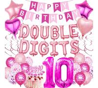 10th Birthday Decorations Balloons Kit - 53 Pcs Pink Rose Double Digits Banner Number Balloon Star Heart Hanging Swirls Cake Topper Decoration Supplies For 10 Years Old Girls Kids Birthday Party