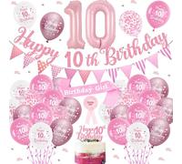 10th Birthday Decorations Banner Balloons - 47 Pcs Double Digits Happy Birthday Decoration Set Girls, Pink Badge Sash Cake Topper for Kids 10 Years Old Party Supplies