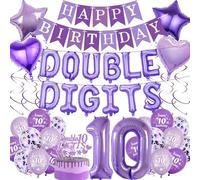 10th Birthday Decorations Banner Balloons - 53 Pcs Purple Double Digits Banners Number Balloon Star Heart Hanging Swirls Cake Topper Decoration Supplies For 10 Years Old Girls Boys Birthday Party
