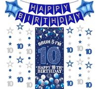10th Birthday Decorations Banner Boys - 10 Pcs Double Digits Blue Happy Bday Banners Glitter Number 10 Star Dots Hanging Garlands Foil Balloons Bruh I'm 10 Backdrop for Ten Years Old Party Supplies
