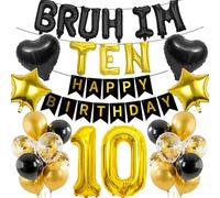10th Birthday Decorations Banners Boy - 34 Pcs Black Gold Happy Birthday Banner BRUH I'M TEN Star Heart Number 10 Foil Balloons Decoration Sequin Balloons for 10 Years Old Boys Party Decor Supplies