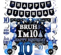10th Birthday Decorations Banners Boys - 30 Pcs Black and Blue Happy Birthday Banner Set Bruh I'M 10 Background Curtain Number Foil Balloons Cake Topper Hanging Swirls for 10 Years Old Boy Party Decor