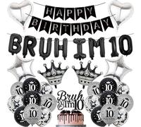 10th Birthday Decorations Banners Boys - 34 Pcs Black and Silver Happy Birthday Banner Bruh I'M 10 Star Heart Crown Foil Balloons Cake Topper Sequin Balloons for 10 Years Old Boy Party Decor Supplie
