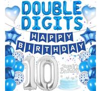 10th Birthday Decorations Blue Party Decor - 52 Pieces Double Digits Banner, Number 10 Foil Balloon, Five Pointed Star, Latex Balloons, Cake Topper for Girls Boys Birthday