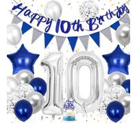 10th Birthday Decorations, Blue Silver Latex 10th Birthday Balloon for Boy