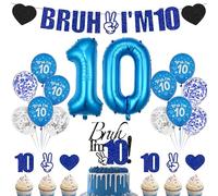 10th Birthday Decorations Boys Banners - 22 Pcs Blue Silver Bruh I'M 10 Banner Decoration Number Foil Balloons Cake Topper Cupcake Toppers for 10 Years Old Boy Party Decor Supplies