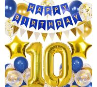 10th Birthday Decorations Boys, Navy Blue Gold Balloons and Happy Birthday Banner, 40 Inch Number 10 Foil Balloons with BBunting, for Boys Girls Party Decoration