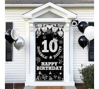 10th Birthday Decorations Door Banner, Black Double Digits Happy 10th Birthday Backdrop Banners, Large Size Porch Background for Boys Girls, 10 Years Old Poster Photo Props Party Supplies(185x90cm)