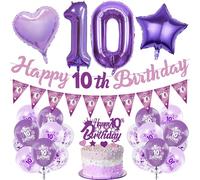 10th Birthday Decorations Double Digits - 29 Pcs Purple 10 Bday Banners Bunting Flag Cake Topper Heart Star Foil Latex Number 10 Balloons for Her 10 Years Old Girls Happy Supplies Decor