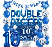 10th Birthday Decorations for Boys - 31 Pcs Blue Double Digits Party Supplies Including Number 10 Foil Balloon Background Cake Topper for 10 Year Old Birthday Decoration