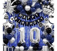 10th Birthday Decorations for Boys and Girls, Black Blue Silver Happy Birthday Number 10 Balloons, Banner, Fringe Curtains Garland Kit - 10 Year Old Party Supplies