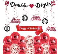 10th Birthday Decorations for Boys Girls - Black Red Double Digits Banners Garland and Hanging Swirls Decor, Confetti Balloon and Happy 10th Birthday Sash for 10 Year Old Party Supplies