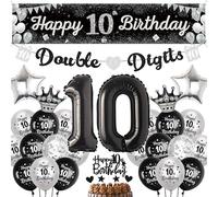 10th Birthday Decorations for Boys Girls - Black Silver Double Digits Happy 10th Birthday Yard Banner, Star Heart Crown Number Foil Balloons Confetti Balloon Cake Topper for 10 Years Old Children