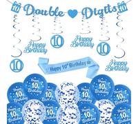 10th Birthday Decorations for Boys Girls - Blue Double Digits Banners Garland and Hanging Swirls Decor, Confetti Balloon and Happy 10th Birthday Sash for 10 Year Old Party Supplies