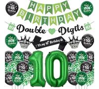 10th Birthday Decorations for Boys Girls - Green Happy Birthday Double Digits Banner Garland, Crown Number 10 Foil Balloons and Sash for 10 Years Old Children Party Supplies