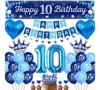 10th Birthday Decorations for Boys Girls - Navy Blue Party Decoration Supplies Star Garland, Happy 10th Birthday Yard Banners and Heart Crown Number 10 Foil Balloons Cake Toppers