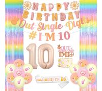 10th Birthday Decorations for Girl,Groovy 10th Birthday Decorations Boho Happy Birthday Banner ,Cake Topper and Rainbow Curtain for Girls Hippie Retro Boho Themed Party Decor Supplies