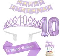 10th Birthday Decorations for Girls, Including Birthday Sash and Tiara, Birthday Candles,Banner and Cake Toppers, 32inch Digtal Balloons,Ideal Birthday Gifts for Girls (10th)