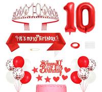 10th Birthday Decorations for Girls, Princess Crown Queen Tiara, It's My 10th Birthday Sash, 10 Year old Cake Topper, Number Balloons Set for Party Supplies, Red