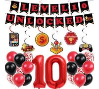 10th Birthday Decorations Gaming Boy - 28 Pcs Red Black Level 10 Set | Red Black Game Themed Pennant Banner Level 10 Unlocked Hanging Swirls Balloons Foil Numbers for Boys Double Digits Gift