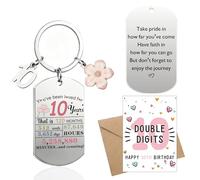 10th Birthday Decorations Girl Keyring - 3 Pcs Gifts Set That Included Keychain and Happy 10th Birthday Card With Kraft Envelope for 10 Years Old Sisters Daughter Granddaughter Key Chain Decor Gift