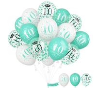 10th Birthday Decorations Girl, Teal White Happy 10th Birthday Latex Print Balloons for Boys, Turquoise White Confetti 10th Bday Party Decorations for Kids Age 10 Years Old Birthday Party Supplies
