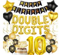 10th Birthday Decorations Girls Boys - 53 Pcs Black Gold Banners Double Digits Number Balloon Star Heart Hanging Swirls Cake Topper Decoration Supplies For 10 Years Old Girl Boy Birthday Party