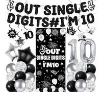 10th Birthday Decorations Party Boys - 31 Pcs Black Out Single Digits I'M 10 Banners Backdrop Hanging Swirls Star Foil Balloons Decor for Double Digits Boy 10 Year Old Birthday Decoration Supplies