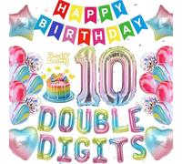 10th Birthday Decorations Rainbow Balloons - 53 Pieces Rainbow Party Decor Happy Birthday Double Digits Banners, Number 10, Star, Crown, Love Foil Balloon Cake Topper for Girls Boys Party