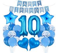 10th Birthday Decorations Set Blue Theme Happy Birthday Banner Bunting Balloon Decor Photo Backdrop for Boys Girls Tweens Double Digits Party Supplies Celebration Decor Event Bundle Party Pack