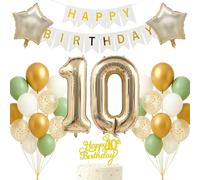 10th Birthday Decorations Set Light Gold White Sage Green Theme Happy Birthday Banner Balloon Decor Photo Backdrop for Boys Girls Kids Turning 10 Age 10 Double Digits Party Supplies Celebration Decor