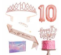 10th Birthday Decorations Set - Rose Gold 10th Birthday Sash and Tiara Party Crown, Cake Topper and Candles, Number 10 Foil Balloons, Party Supplies, 10th Year Old Gifts for Girl