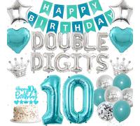 10th Birthday Decorations Teal Balloons - 53 Pieces Teal Blue Party Decor Happy Birthday Double Digits Banners, Number 10, Star, Crown, Love Foil Balloon Cake Topper for Girls Boys Birthday Party