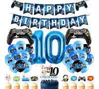 10th Birthday Decorations Video Game - 34 Pcs Blue Gaming Party Decoration Happy Birthday Banner Game Controller Foil Balloons Number 10 Balloon Level Up Cupcake Toppers for Boys Party Supplies