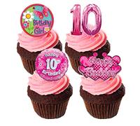 10th Birthday Girl, Edible Cupcake Decorations - Pink, Stand-up Wafer Cupcake Toppers (Pack of 12)
