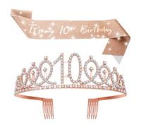 10th Birthday Girl Sash and Crown Rose Gold Birthday Tiara Sashs for Age 10 Year Old Girl 10th Birthdays Shiny Tiara and Sash Decoration for Girls Adjustable Cute Birthdays Crown Sashs for Girls