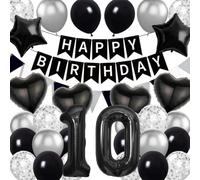 10th Birthday Party Decoration Supplies, Black Balloon Kit - 34 Pack Featuring Number 10 Star & Heart Foil Balloons, Latex Confetti Balloons for Boys Double Digits Birthday Party