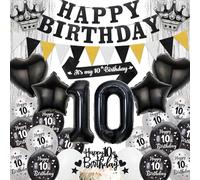 10th Birthday Party Decorations for Boys - Black Silver Happy Birthday Banner Pennant Flags Garlandand Sash, Star Heart Crown Number Foil Balloons Cake Toppers for 10 Years Old Children Girls
