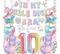 10th Birthday Party Decorations Girls - 28 PC Colorful IN MY DOUBLE DIGITS ERA Butterfly Banners Sash Number 10 Foil Balloons Heart Hanging for Her 10 Years Old Girl Happy Bday Supplies